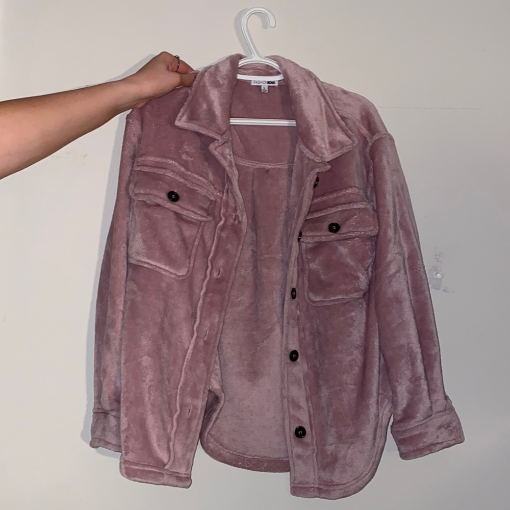 Pink, fluffy, a jacket. Lightly worn.